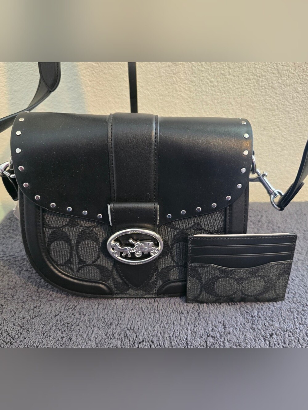 NWT COACH Morgan C3593 Georgie Saddle Bag w/Rivets Black Gray w/NWT ID Card Case